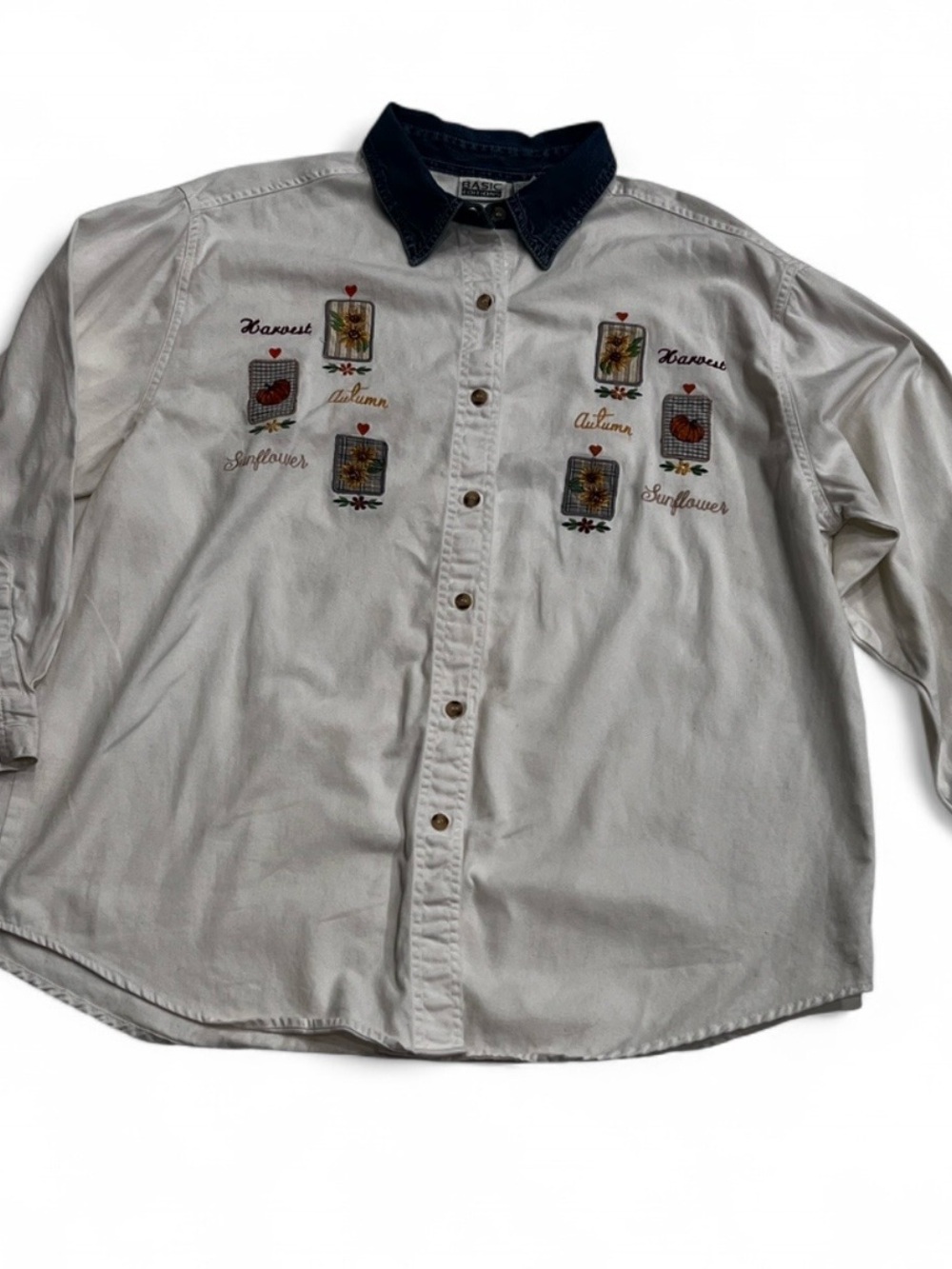 Vintage 90s Basic Editions Harvest Embroidered Shirt 1X Cottagecore Fall